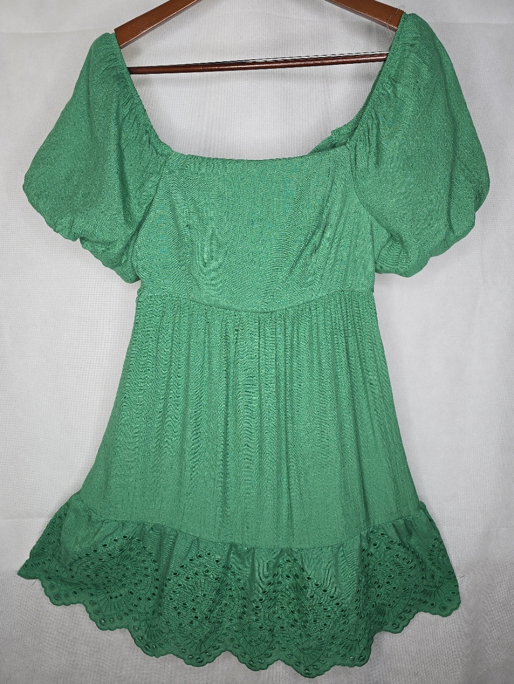 NWT Lily Rose Mini Dress Green Eyelet Empire Waist Puff Sleeve Tie Back M